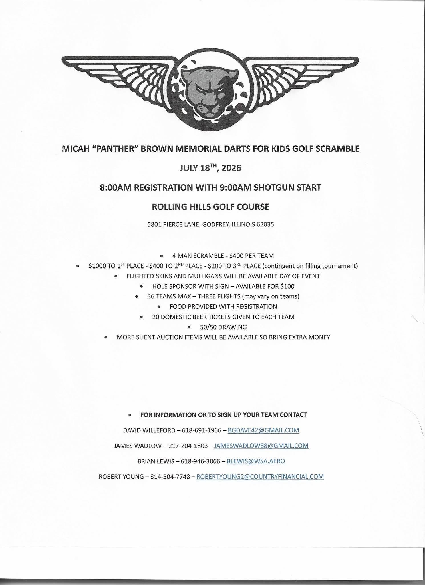 Micah "Panther" Brown Memorial Darts for Kids Golf Scramble